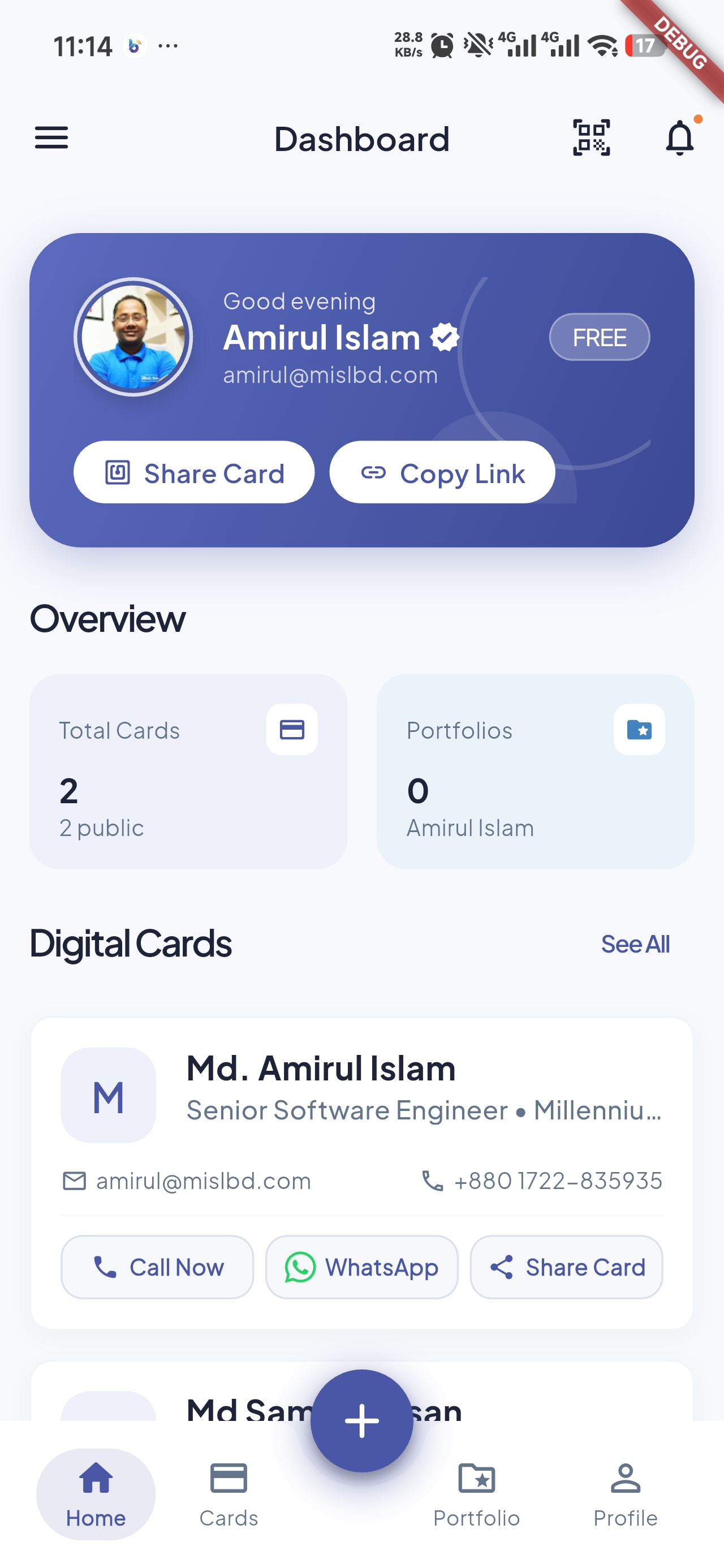 BizCard - Business Card Scanner app home screen showing card scanning and saved contacts